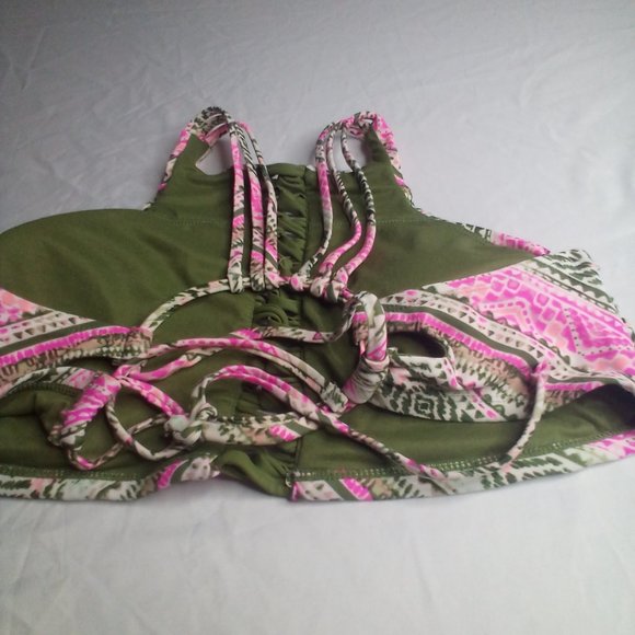 Time And Tru Swim Top M 8-10 Cut-Out Strappy Green Pink - Picture 2 of 14